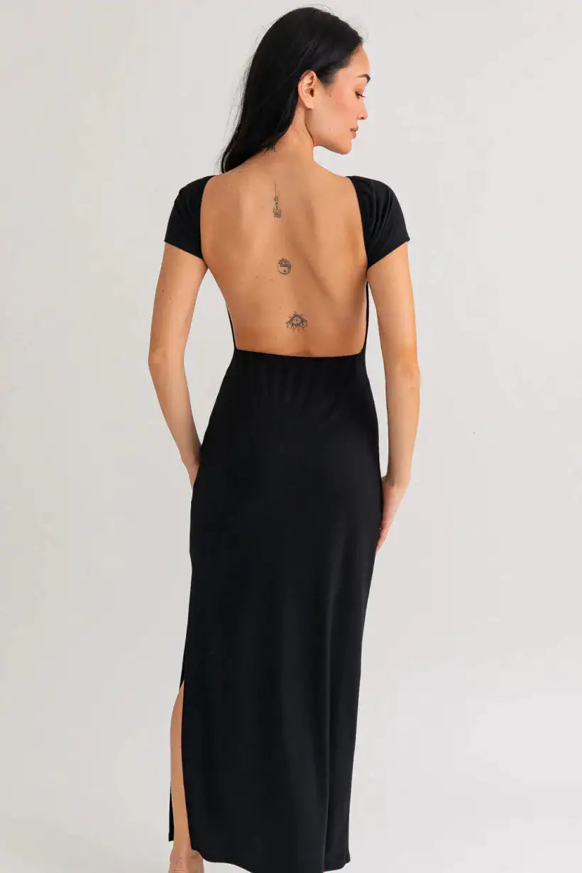 Side Slit Short Sleeves Open Back Tube Maxi Dress