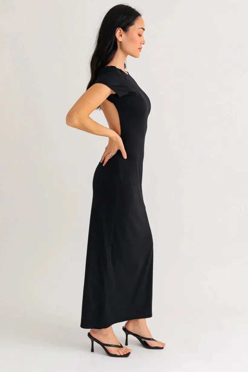 Side Slit Short Sleeves Open Back Tube Maxi Dress