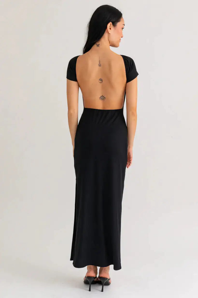 Side Slit Short Sleeves Open Back Tube Maxi Dress