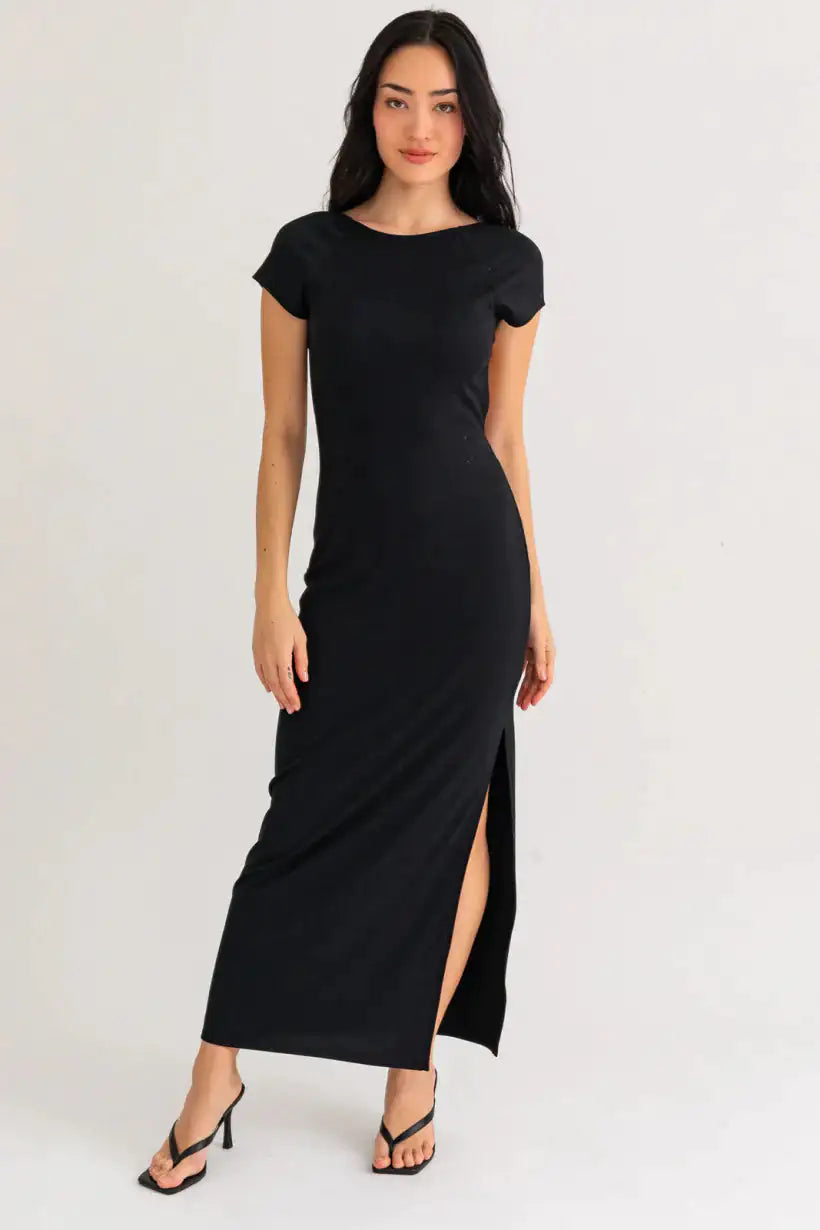 Side Slit Short Sleeves Open Back Tube Maxi Dress