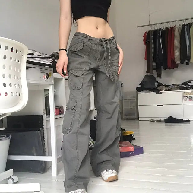 Button Low Waist Women's Cargo and Denim Pants